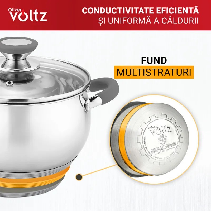 Oala Oliver Voltz OV51210N22, 22 cm, 4,6 l, Inductie, Manere din silicon gri, Inox/Gri