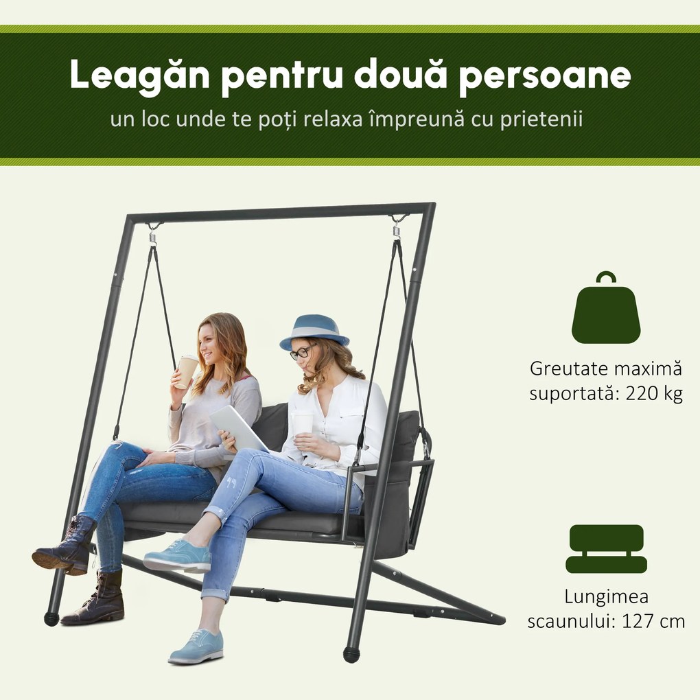 Outsunny Leagăn de Grădină cu 2 Locuri, Perne și Buzunare, Balansoar Exterior din Oțel și Textile, 168x117x181 cm, Gri Închis | Aosom Romania