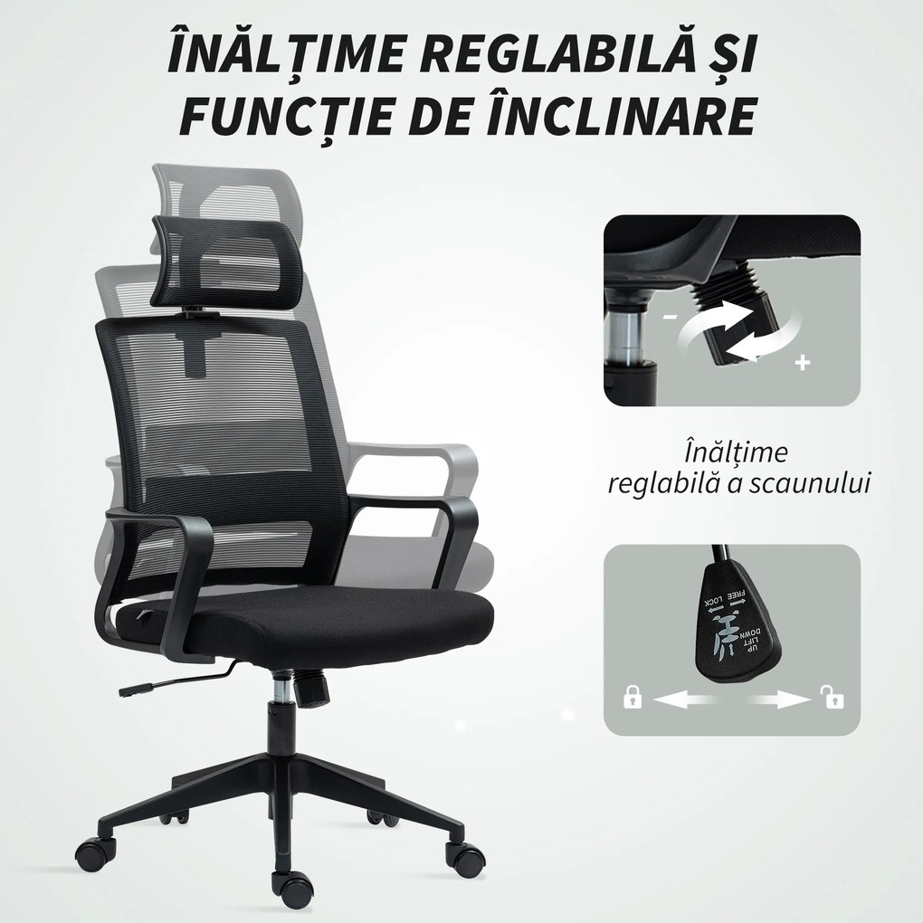 HOMCOM Scaun de Birou Ergonomic cu Tetieră, Înălțime Reglabilă și Funcție de Balansare, 60x64x102-112 cm, Negru | Aosom Romania