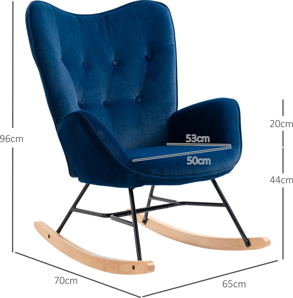 HOMCOM Fotoliu balansoar, rocking chair, fotoliu pentru alăptare confortabil cu structură din lemn masiv și metal pentru Living, Dormitor, Balcon, Catifea albastră | Aosom Romania