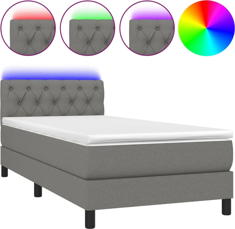 vidaXL Pat cu arcuri, saltea și LED, gri închis, 80x200 cm, textil