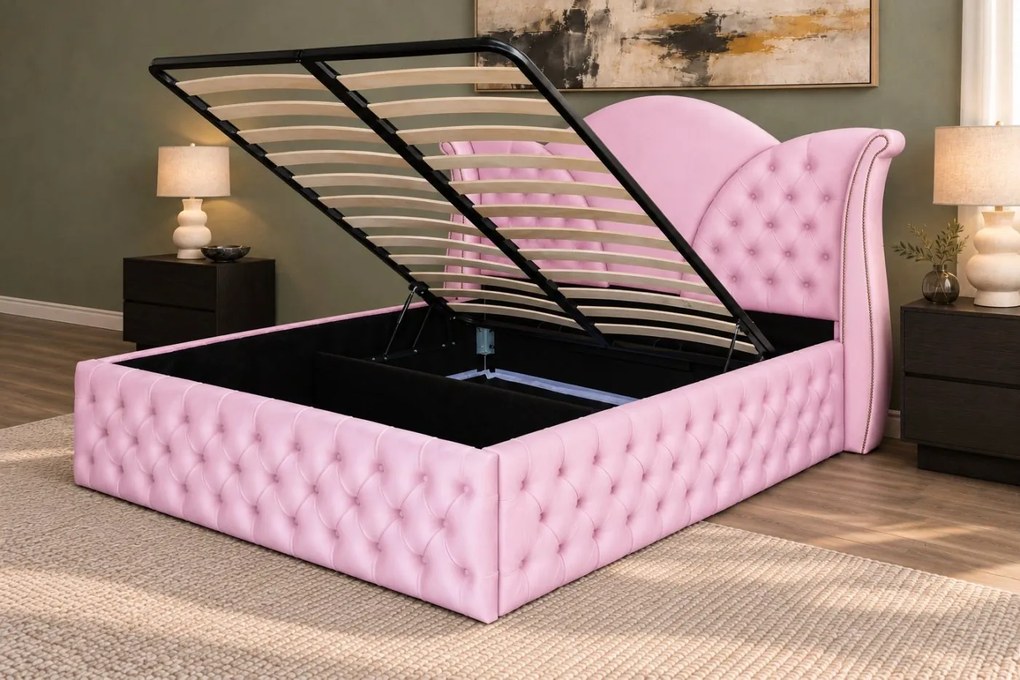 Pat tapițat Chesterfield din catifea Velora Deluxe Classic 160×200 cm, roz, cu ladă de depozitare