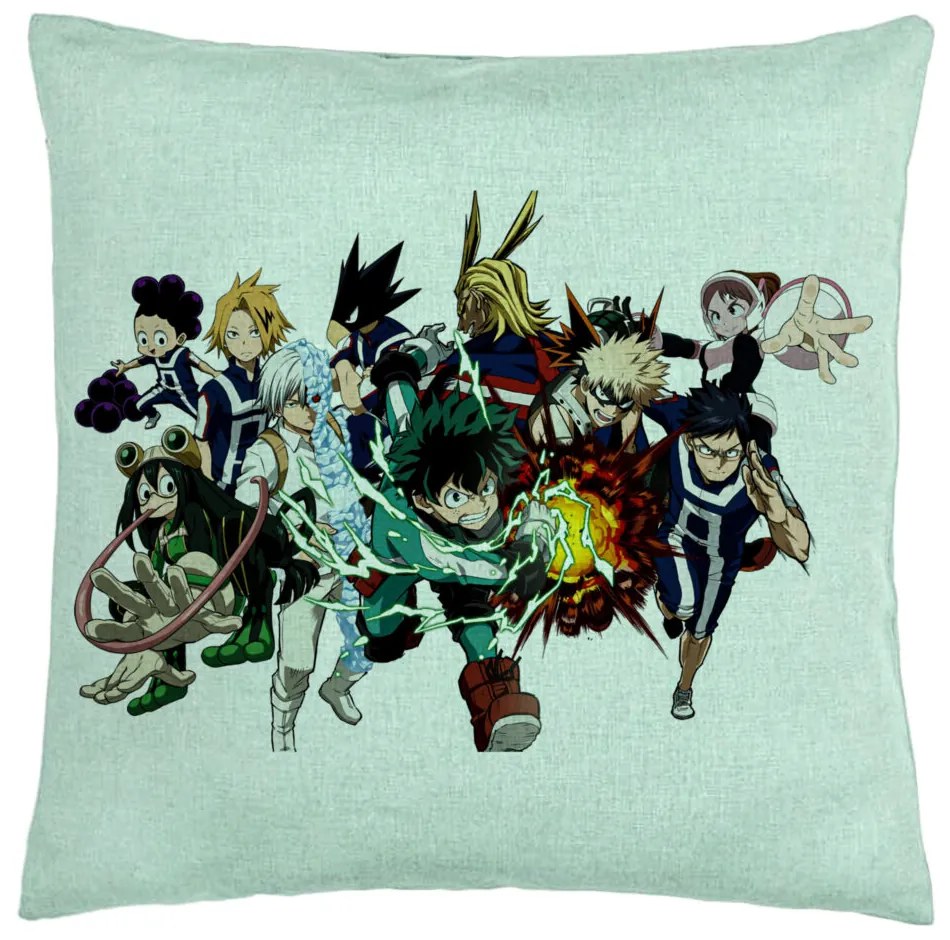 Perna Decorativa cu My Hero Academia Characters, 40x40 cm, Verde Menta, Husa Detasabila, Burduf