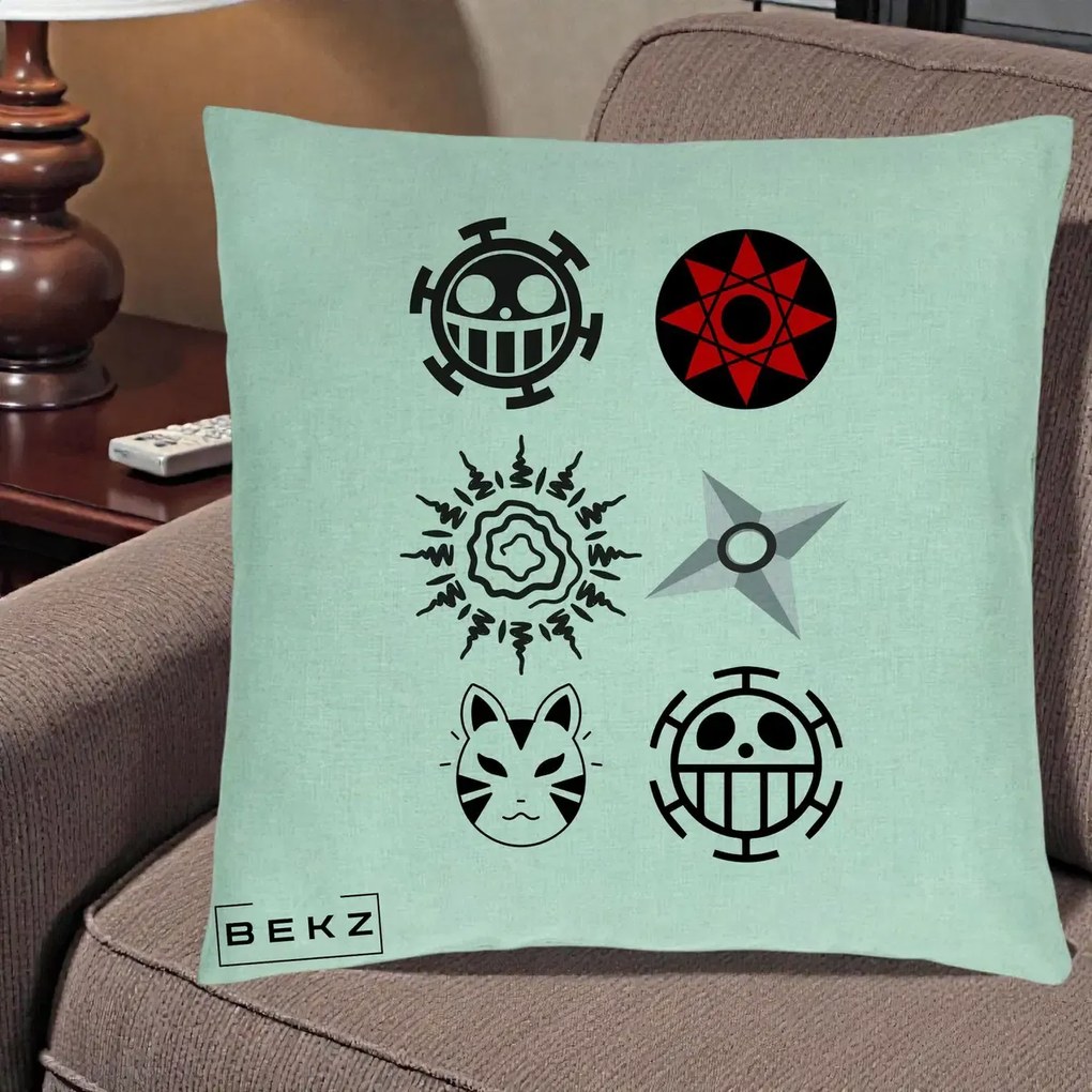Perna Personalizata Simboluri Anime Mix - Naruto One Piece, 40x40 cm, Verde Menta, Husa Detasabila, Perna Inclusa, BEKZ®