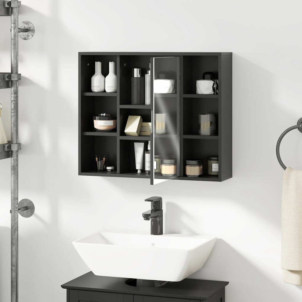 HOMCOM Dulap cu Oglindă pentru Baie, 3 Rafturi Laterale, Raft Reglabil, MDF și PAL, 60x14,5x49,4 cm, Negru și Lemn Natur | Aosom Romania