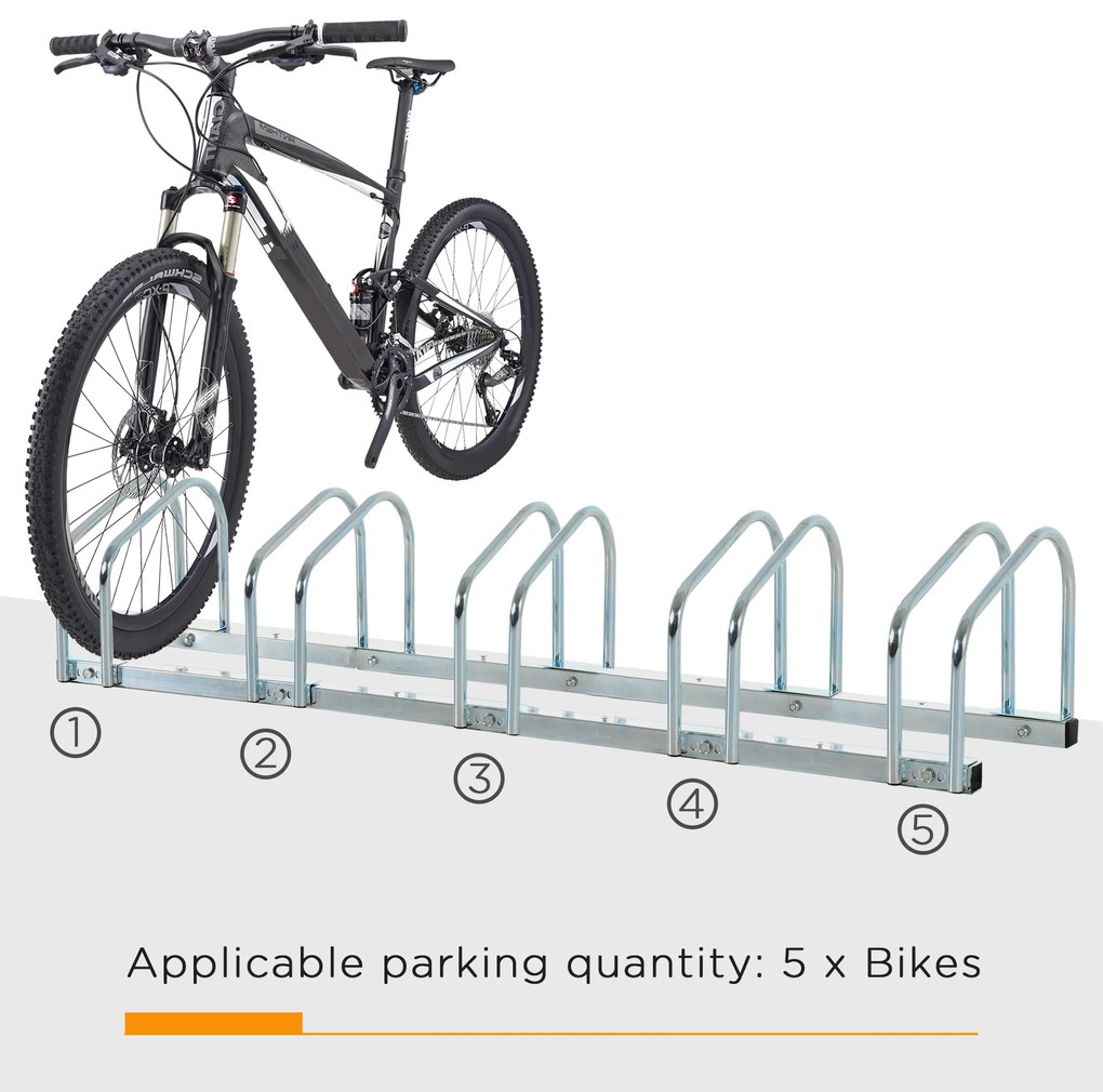 HOMCOM Suport de parcare pentru biciclete pentru 5 biciclete din otel, 145 × 33 × 27 cm, argintiu | Aosom Romania