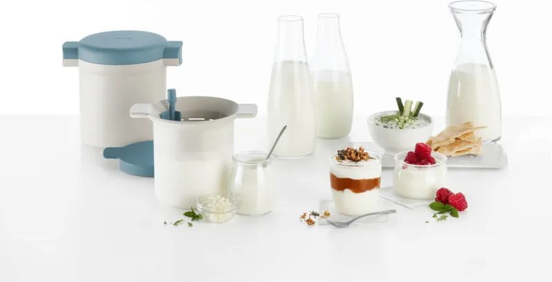 Set cupe preparare kefir si iaurt Lekue 1010155, 18,5 x 14,5 x 15,5 cm, +4°C / +90°C, Alb/Albastru