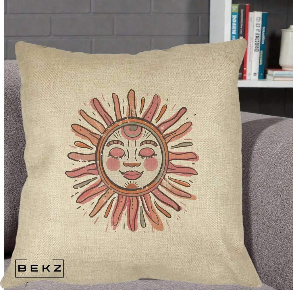 Perna Decorativa Soare Roz Tribal, 40x40 cm, Crem, Husa Detasabila, Perna Inclusa, BEKZ®