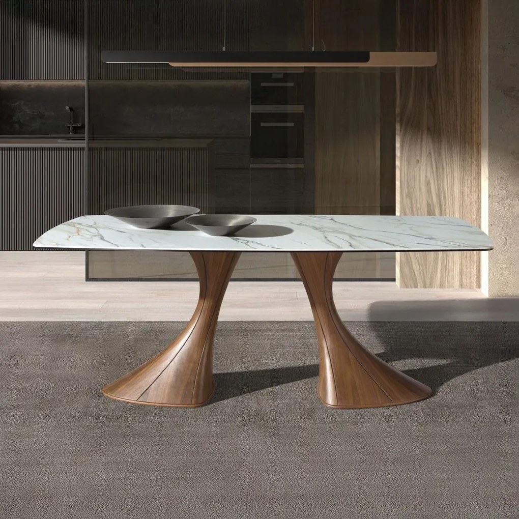 Masa ovala din lemn si marmura portelanata Barrel 200x90cm