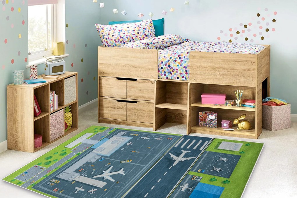 BAMBINO 46990 covor lavabil Aeroport, avioane pentru copii anti-alunecare - verde / gri