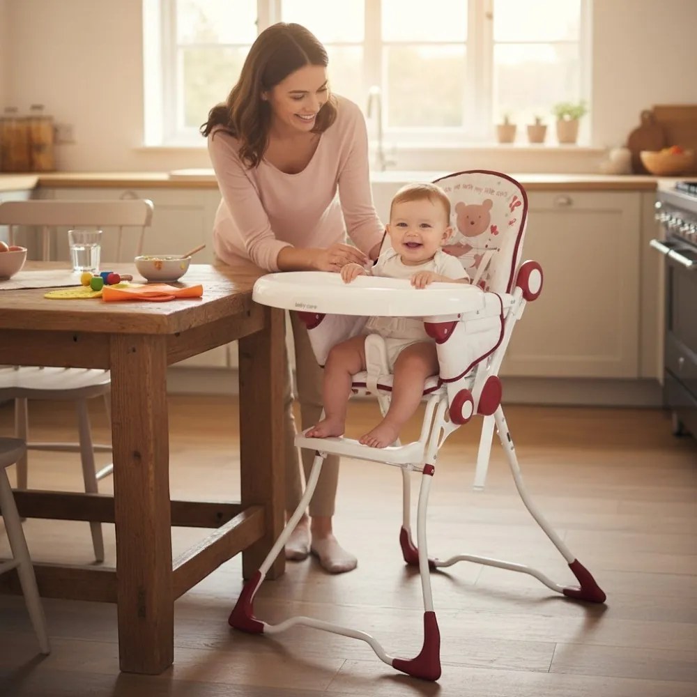 Scaun de masa pentru copii si bebe Baby Care™ CH ,Pliabil, Centura de siguranta, Sezut comfortabil, Masuta detasabila, Model Ursulet , Rosu cu Alb