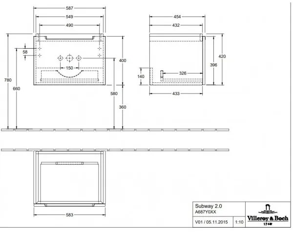 Dulap baza suspendat, Villeroy&amp;Boch Subway 2.0, 58.7x45.4x42cm, alb lucios, A68700DH