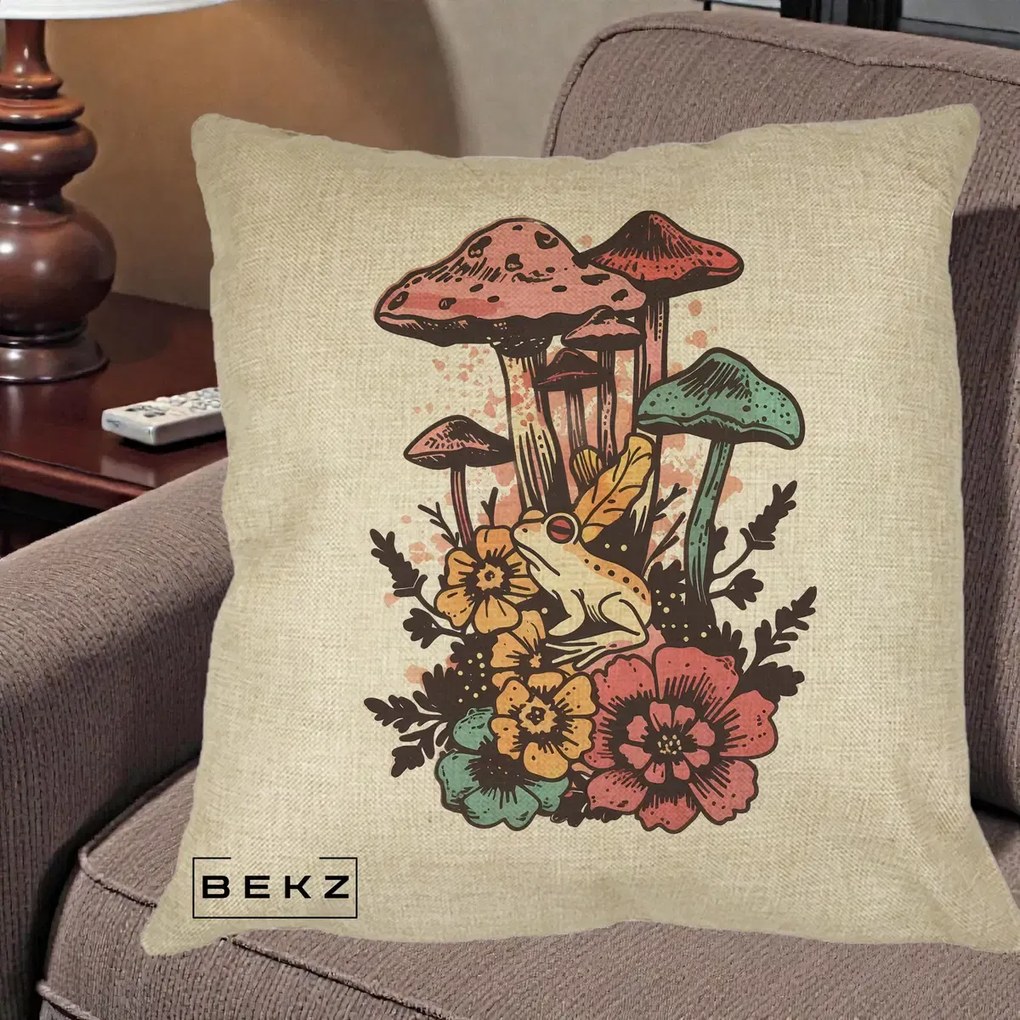 Perna Decorativa Ciuperci si Broaste Boho, 40x40 cm, Crem, Husa Detasabila, Perna Inclusa, BEKZ®