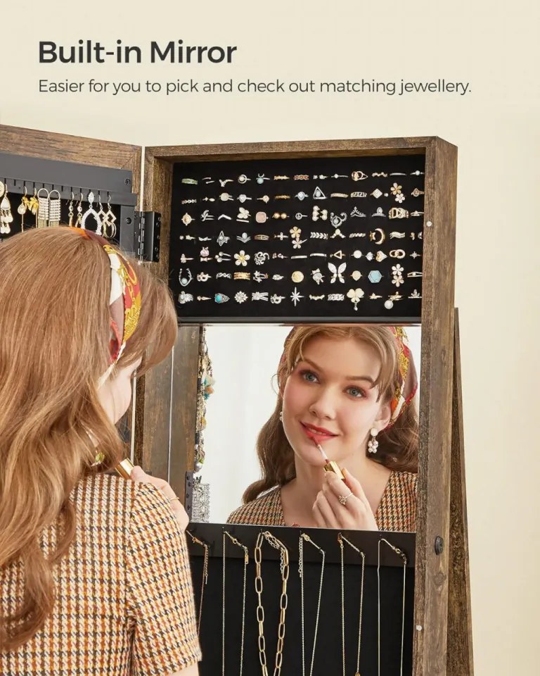 Dulap bijuterii cu oglinda, MDF melaminat / catifea, maro rustic, Songmics