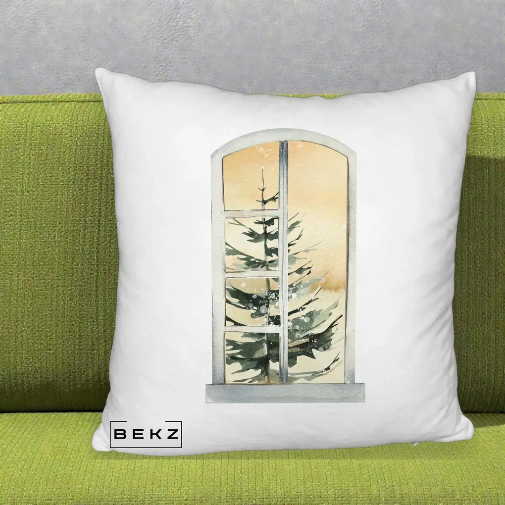 Perna Decorativa Fereastra cu Brad de Iarna, 40x40 cm, Alb Pufos, Husa Detasabila, Perna Inclusa, BEKZ®