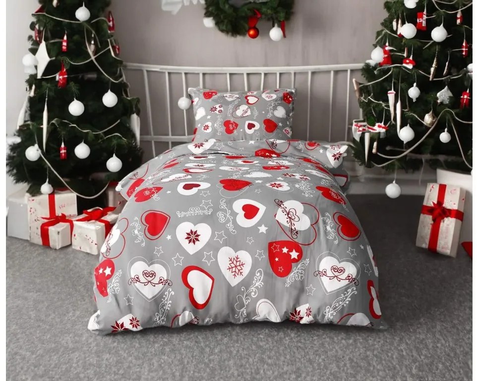 Set lenjerie de pat flanelat INIMI DE CRACIUN gri + cearsaf microfibra SOFT 90x200 cm alb, pat simplu