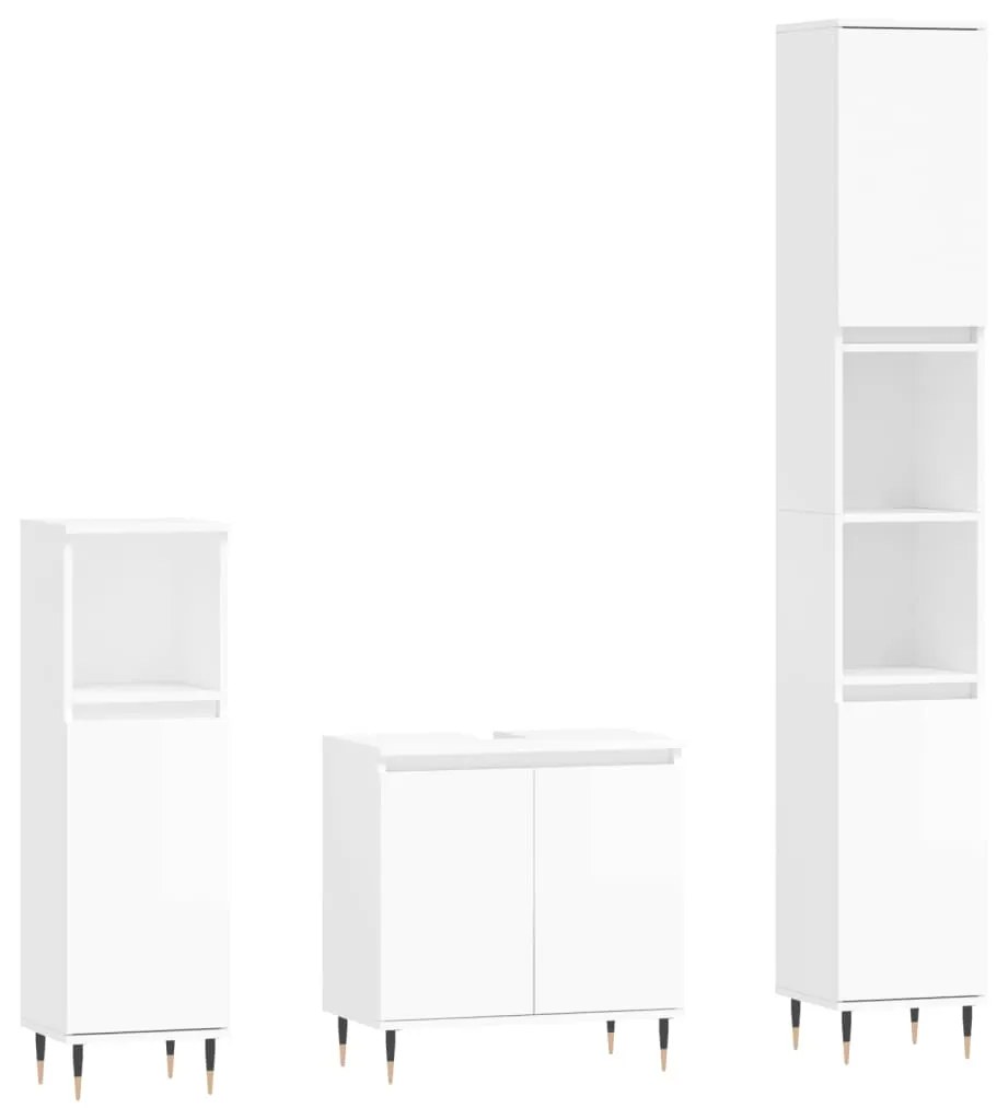 3190269 vidaXL Set mobilier de baie, 3 piese, alb extralucios, lemn compozit