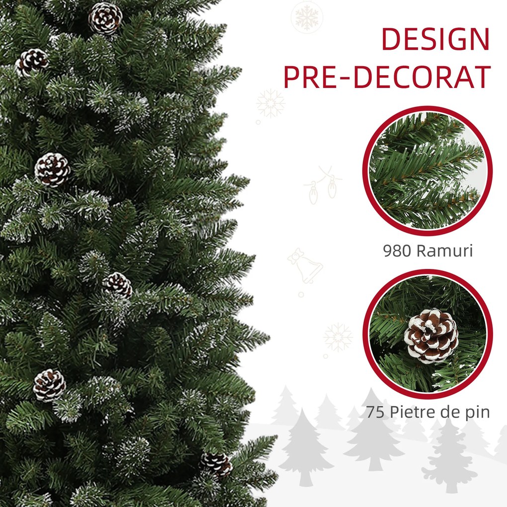 HOMCOM Brad de Crăciun Înzăpezit Înalt, 980 de Ramuri, Ø80x225 cm, Verde | Aosom Romania