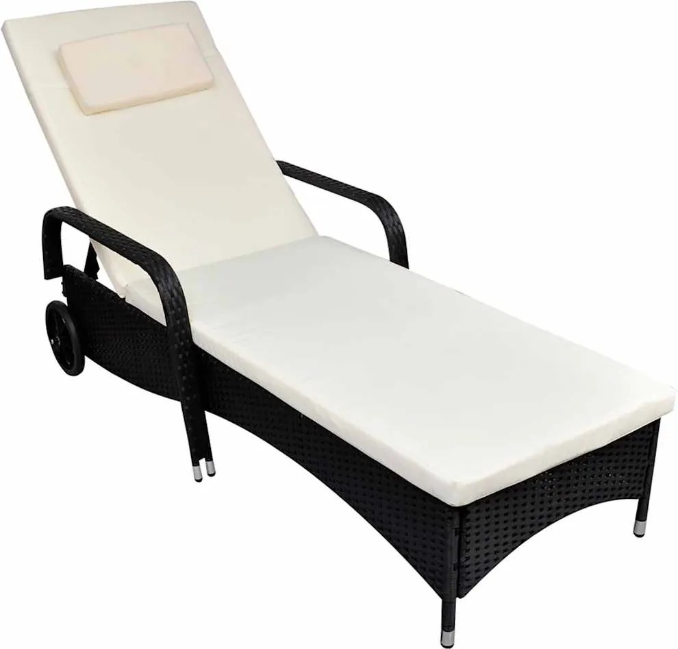 vidaXL Șezlong de plajă cu pernă și roți, negru, poliratan