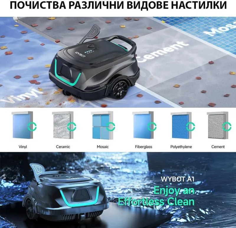 Robot curatare piscine fara fir Wybot A1, 33W, SMART, Pentru pana la 80 m², Autonomie 120 min, Auto-parcare, Auto-revers, IPX8, Negru