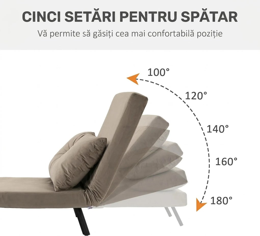 HOMCOM Fotoliu Pat Extensibil 3 în 1 cu Spatar Reglabil și Perna Detasabilă pentru Cameră de Zi sau Dormitor, Gri Deschis | Aosom Romania