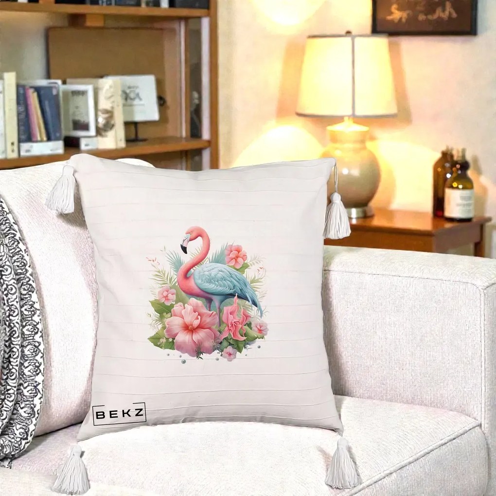 Perna Decorativa Flamingo cu Hibiscus Tropical, 40x40 cm, Bej cu Franjuri, Husa Detasabila, Perna Inclusa, BEKZ®