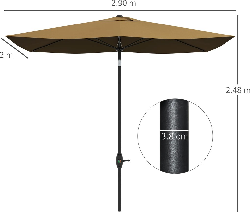Outsunny Umbrelă de Grădină Dreptunghiulară, Umbrelă de Soare cu Manivelă și Deschidere Înclinată, 296x197x244.5 cm, Maro | Aosom Romania