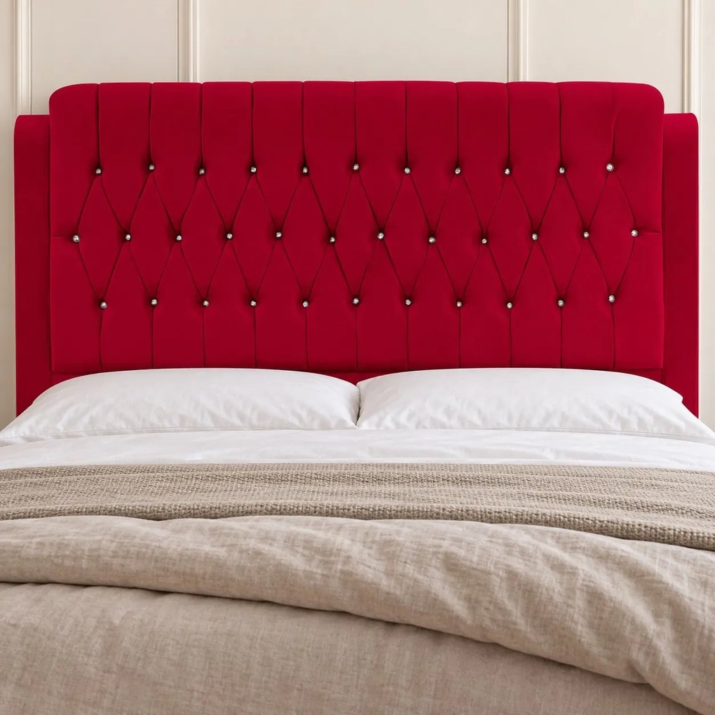 Pat tapițat Chesterfield din catifea Aveline Deluxe 180×200 cm, roșu, cu ladă de depozitare