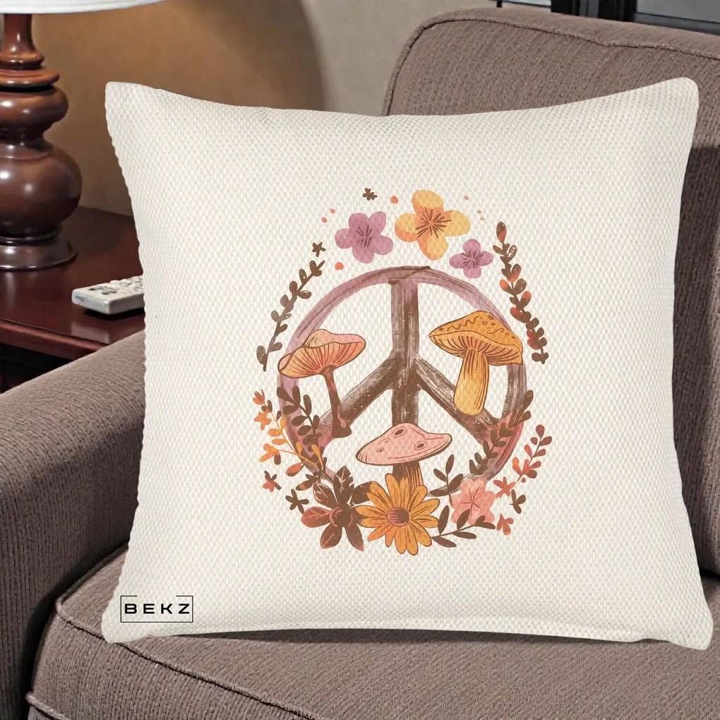 Perna Decorativa Peace Sign Ciuperci Floral, 40x40 cm, Crem Reliefat, Husa Detasabila, Perna Inclusa, BEKZ®