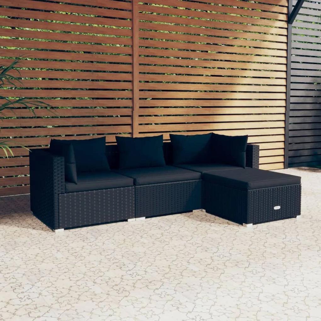 3101640 vidaXL Set mobilier de grădină cu perne, 4 piese, negru, poliratan