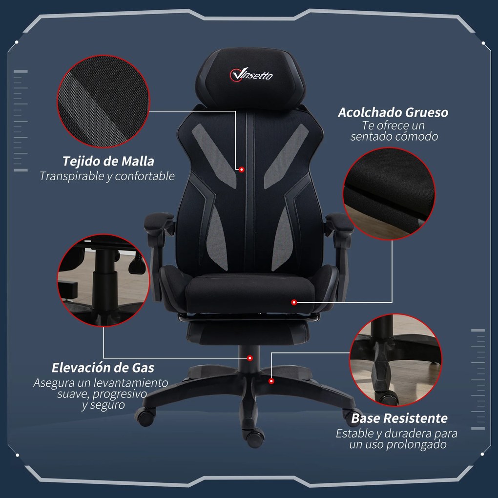 Vinsetto Scaun Gaming cu Suport pentru Picior Retractabil Scaun de Birou Rotativ Reclinabil cu Suport pentru Cap și Înălțime Ajustabilă 65x65x119-129 cm Negru | Aosom Romania