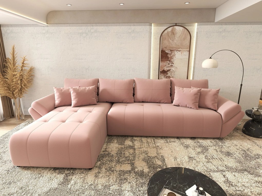 Colțar extensibil dumonde cu ladă de depozitare si sezut confortabil din spuma high-density, Berlin XL Royal Roz 350x185 cm