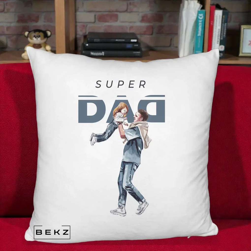 Cadou pentru Tata - Perna Personalizata Super DAD Tata si Fiica, 40x40 cm, Alb Pufos, Husa Detasabila, Perna Inclusa, BEKZ®