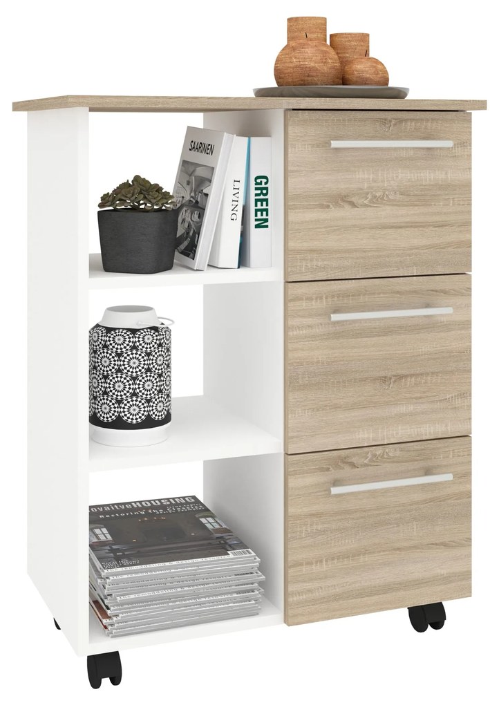Corp Mobil Loma, 3 Sertare, 3 Rafturi, Stejar Sonoma/Alb, 64 x 35 x 85 cm