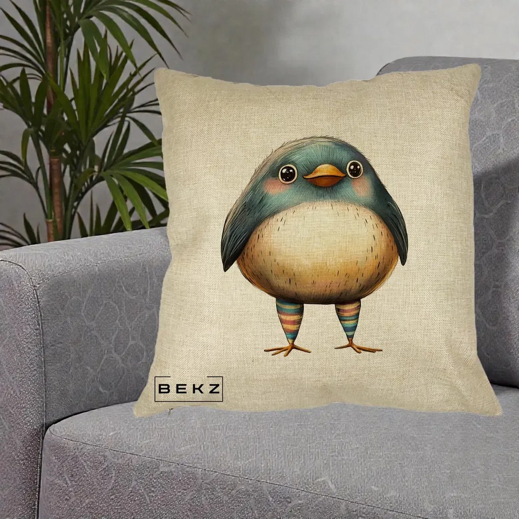 Perna Decorativa Pasare Teal-Bej cu Sosete Curcubeu, 40x40 cm, Crem, Husa Detasabila, Perna Inclusa, BEKZ®