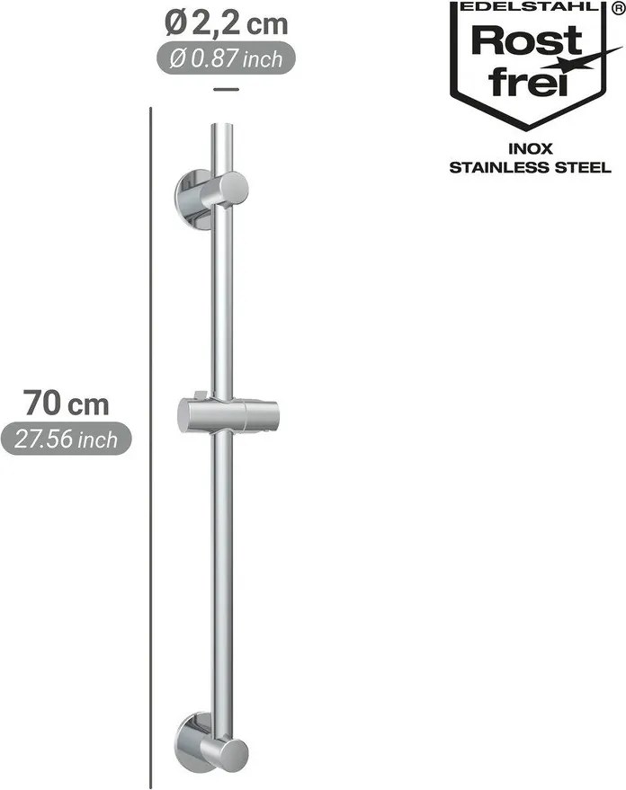 Tijă de duș argintiu-lucios autoadezivă din oțel inoxidabil 70 cm cu suport glisant – Wenko