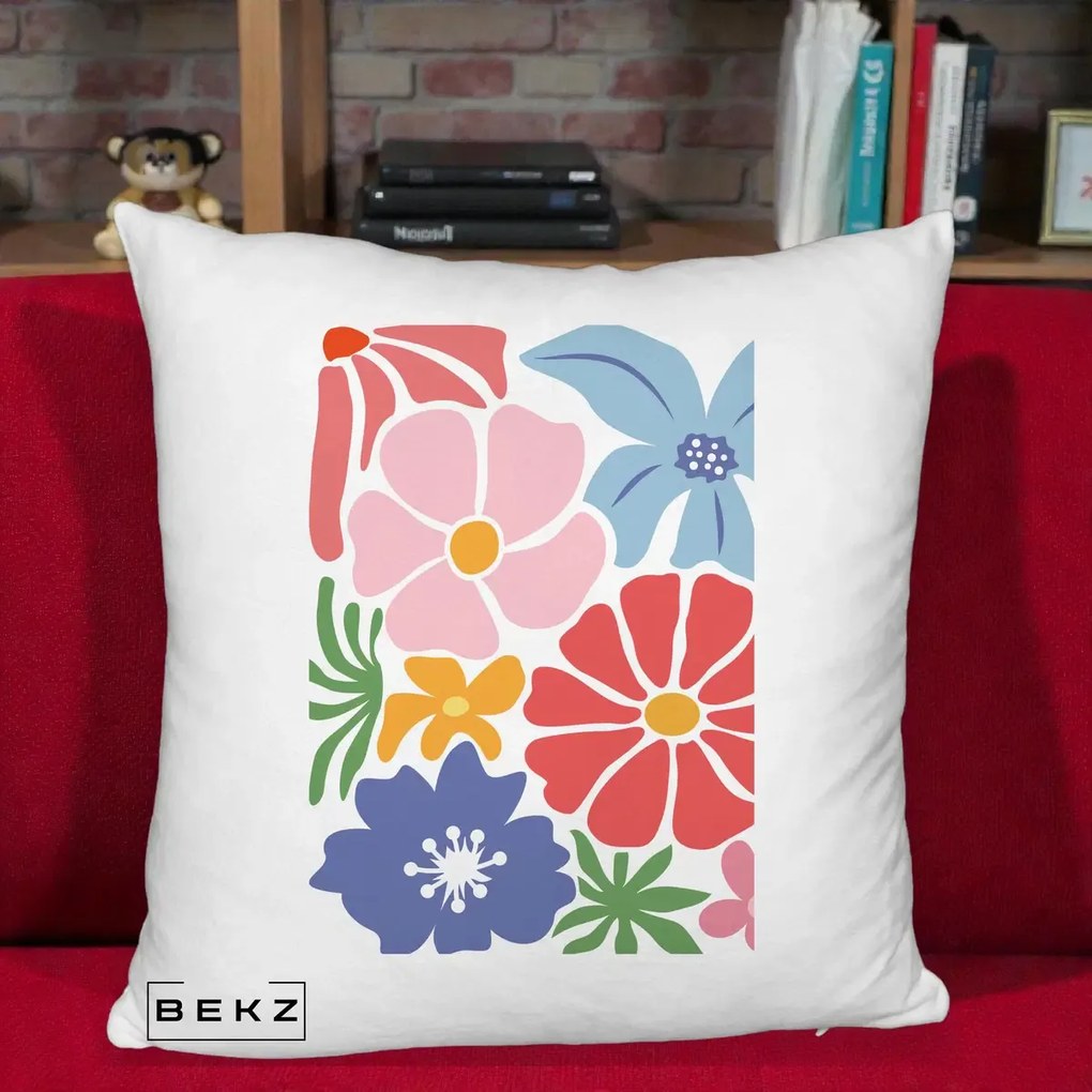 Perna Decorativa Flori Grafice Roz-Rosu-Albastru, 40x40 cm, Alb Pufos, Husa Detasabila, Perna Inclusa, BEKZ®