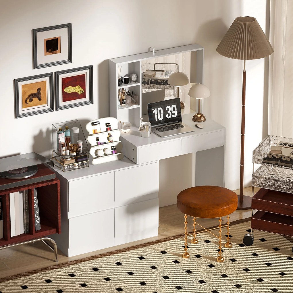 HOMCOM Masă de machiaj, masă pentru machiaj cu oglindă mare, 4 sertare, 3 compartimente deschise, 2 dulapuri, MDF, Alb | Aosom Romania