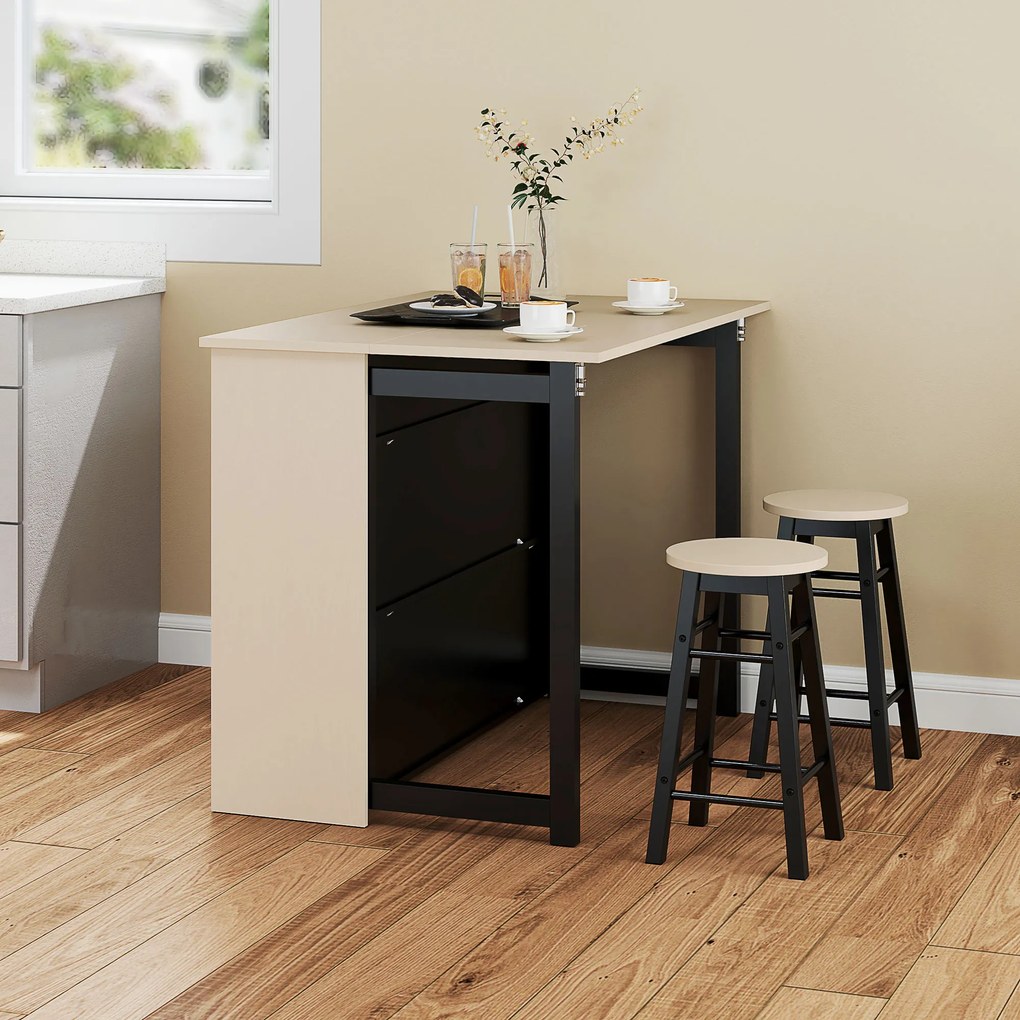 HOMCOM Set de bar 3 piese, Masă de bar cu placă pliabilă, 2 scaune de bar, 6 compartimente de stocare, negru+stejar, 116 x 70 x 89,5 cm | Aosom Romania