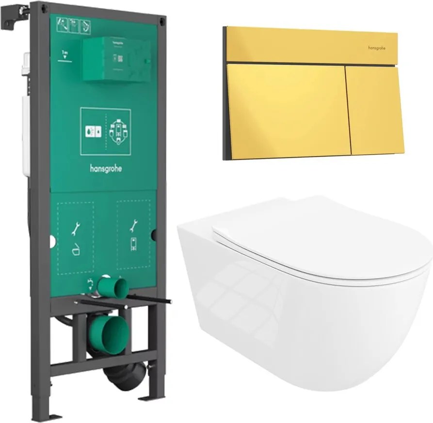 Rezervor incastrat Hansgrohe iFrame 112 cm cu clapeta iFrame Element E auriu lucios plus vas WC Rune Ivaldi Grande alb cu capac softclose