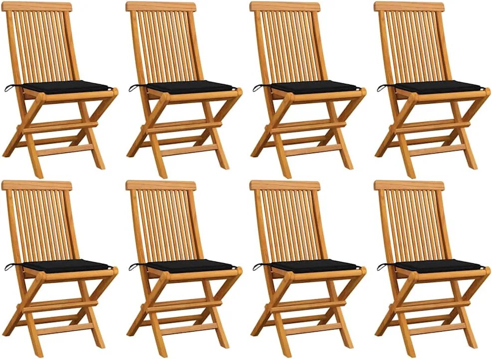 vidaXL Scaune de grădină cu perne negre, 8 buc., lemn masiv de tec