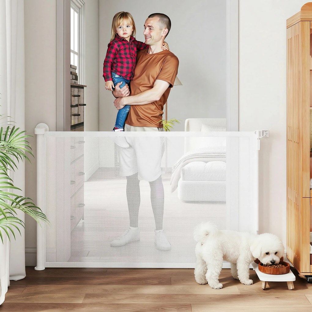 PawHut Barieră de protecție pentru scări Poartă de protecție pentru uși Extensibilă 0-140 cm cu operare cu o singură mână pentru animale de companie pentru scări uși Alb | Aosom Romania