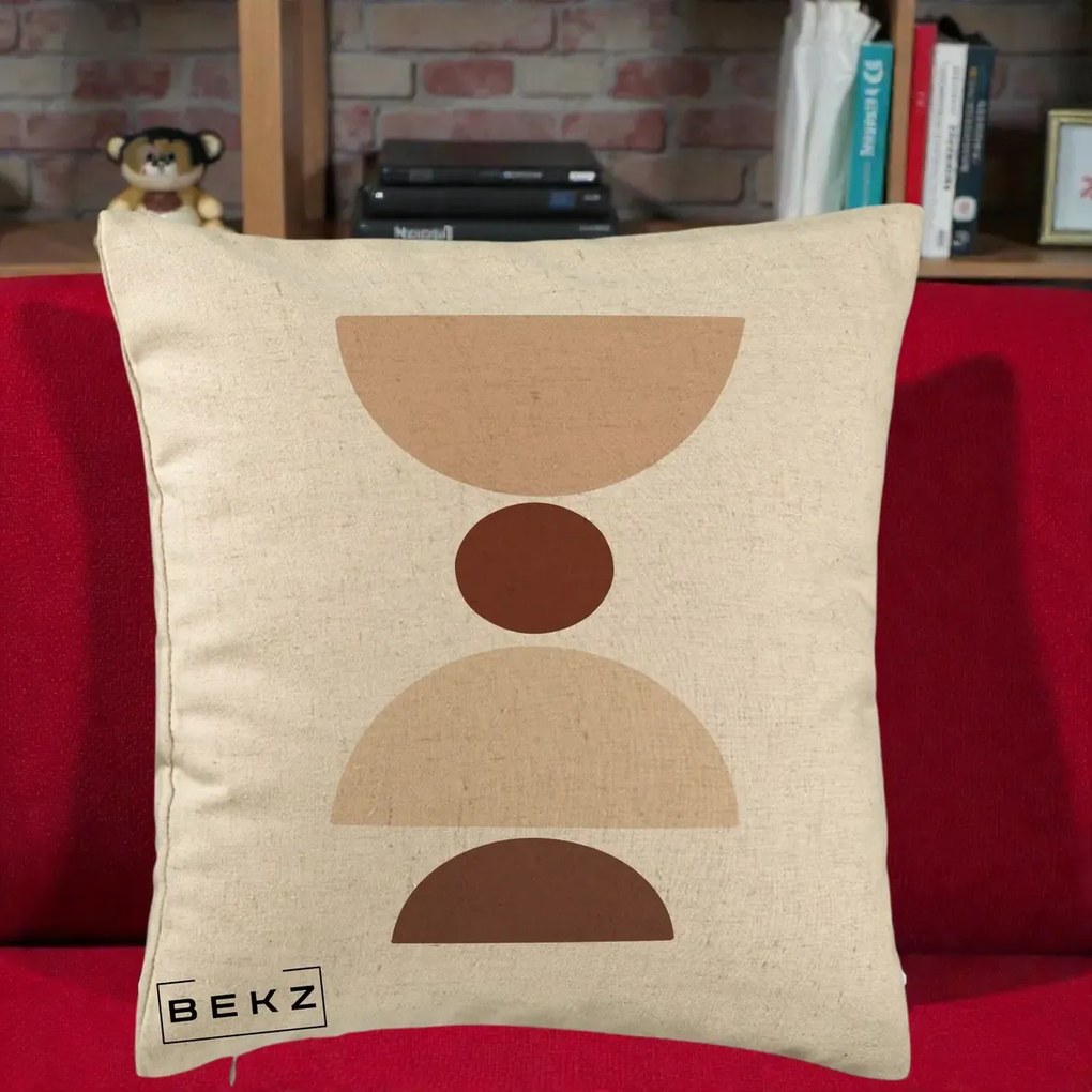 Perna Decorativa Geometric Boho Cerc si Boluri, 40x40 cm, Bej, Husa Detasabila, Perna Inclusa, BEKZ®