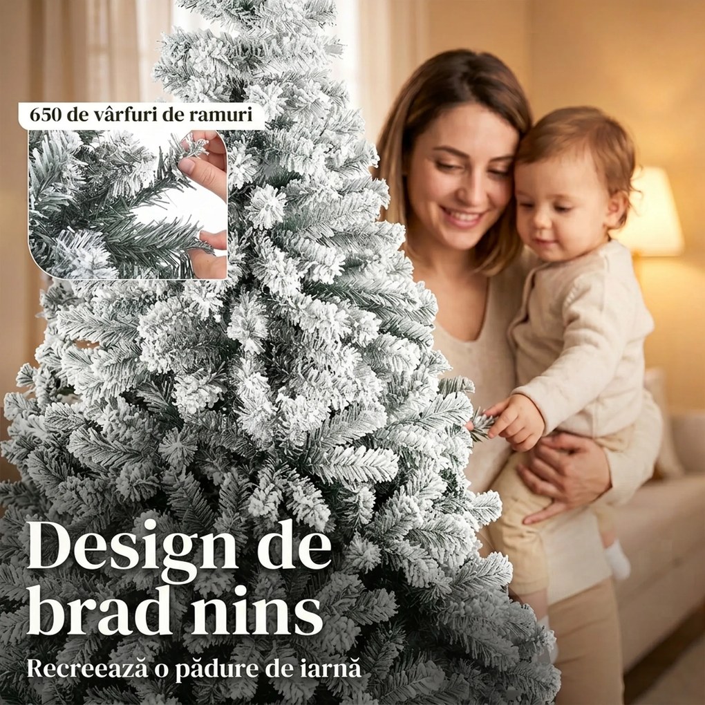 HOMCOM Brad Artificial de Crăciun 180 cm cu 650 Ramuri Ignifuge, Efect Înzăpezit Realist și Bază din Oțel, Verde și Alb | Aosom Romania