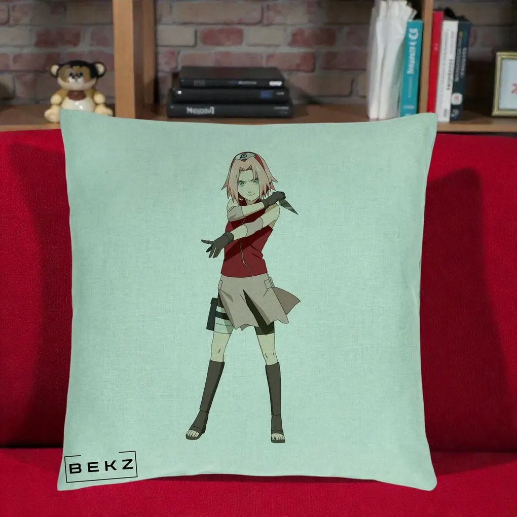 Perna Personalizata Naruto Sakura Haruno Portret, 40x40 cm, Verde Menta, Husa Detasabila, Perna Inclusa, BEKZ®
