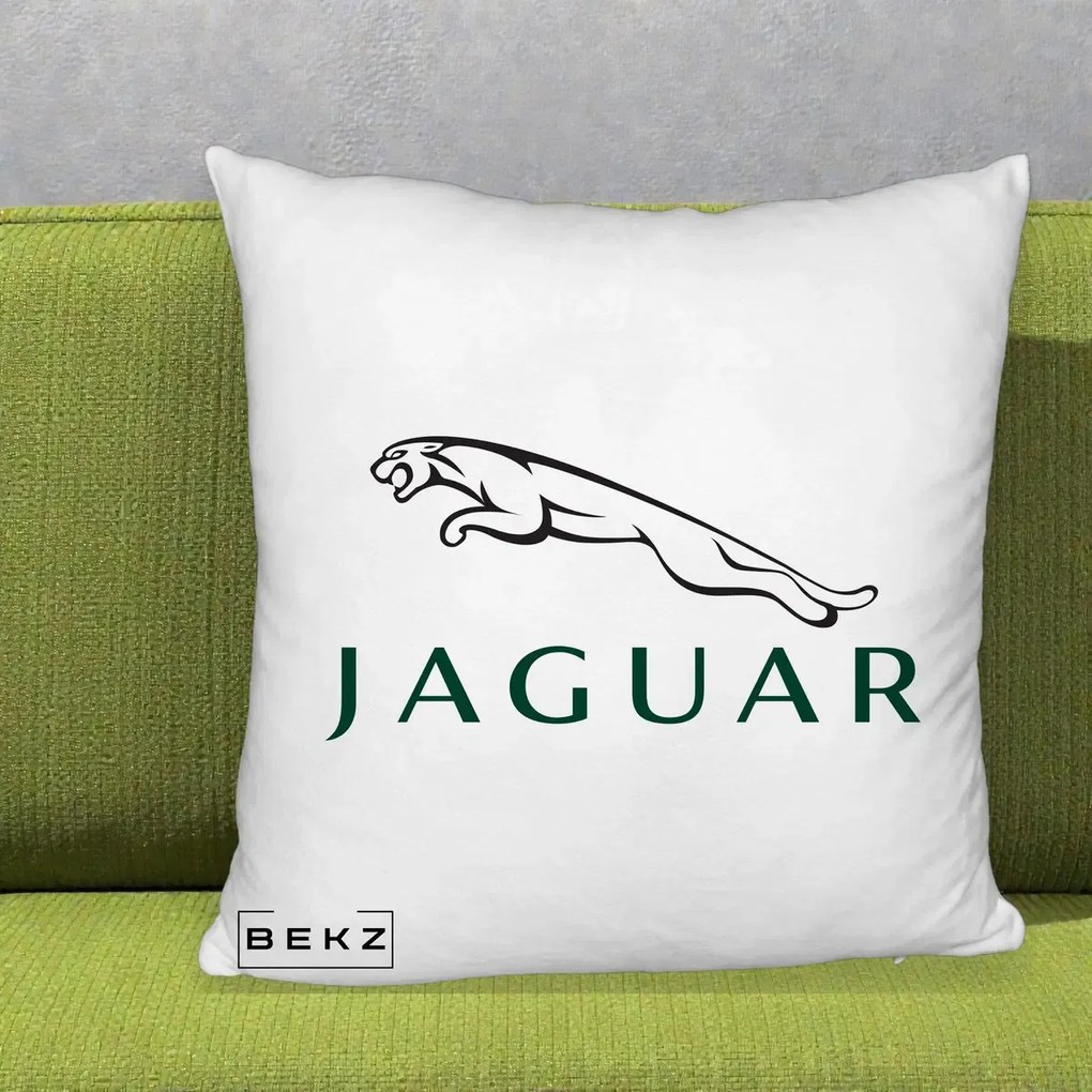 Perna Personalizata cu emblema Jaguar, 40x40 cm, Alb Pufos, Husa Detasabila, Perna Inclusa, BEKZ®
