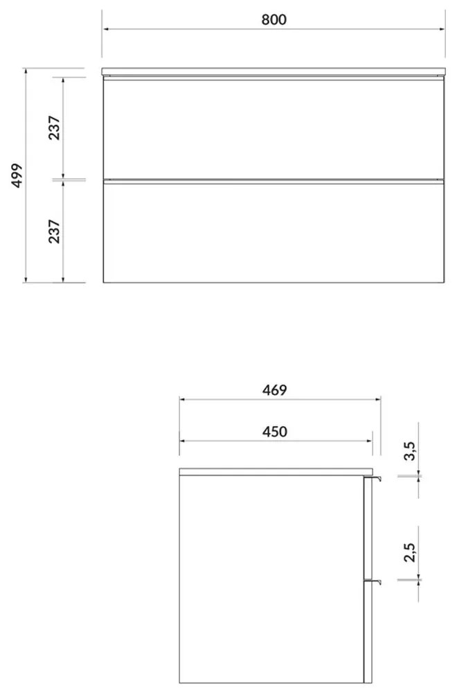 Dulap baie suspendat Cersanit Virgo 80 pentru lavoar pe blat, alb cu manere negre Alb, 800 x 500 mm