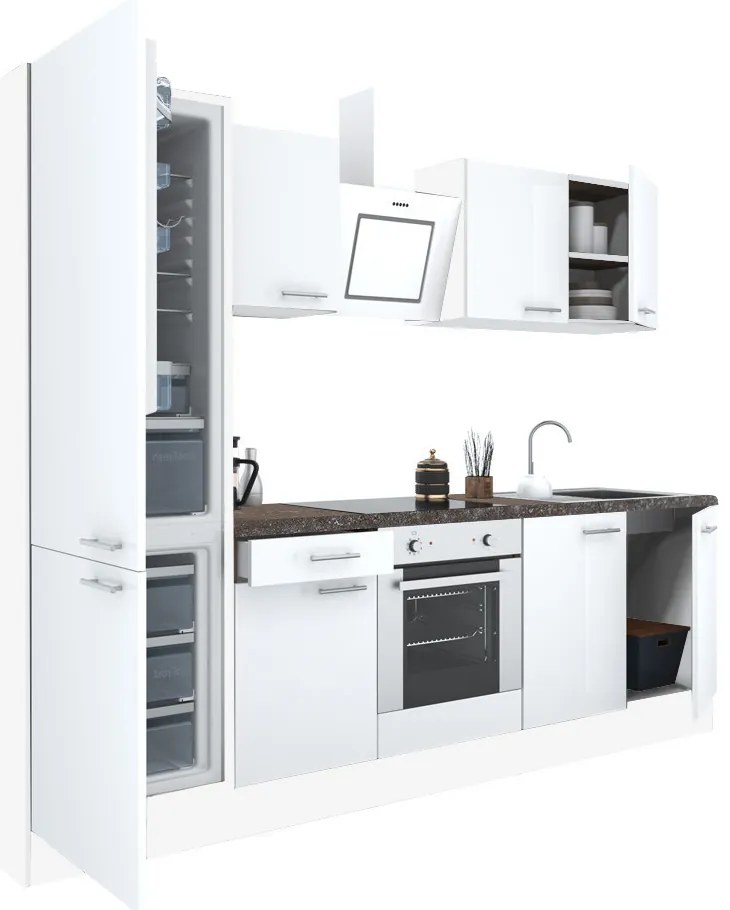 Mobilă de bucătărie Yorki 270, corp alb, față alb satinat, element cuptor inferior, frigider congelator inferior