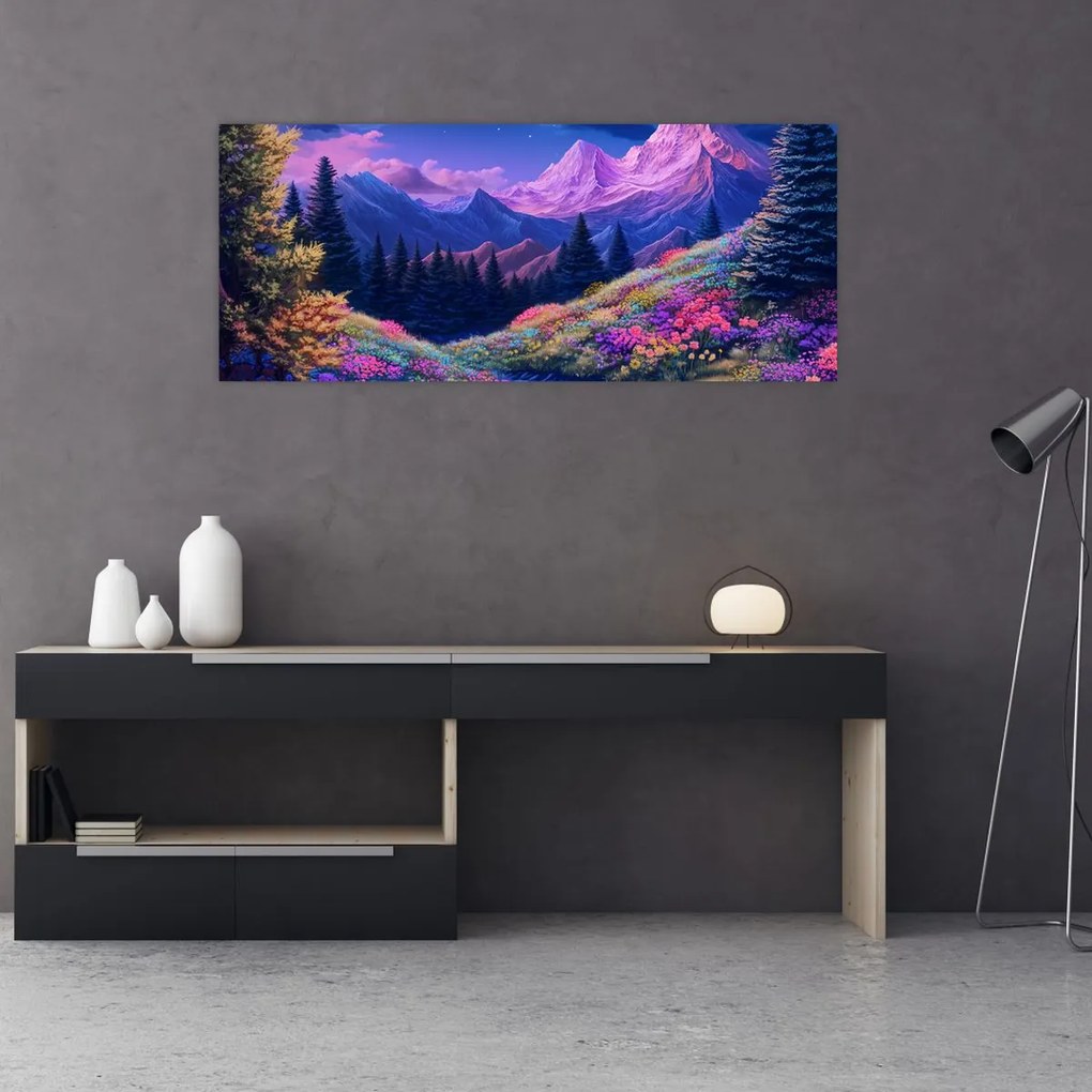 Tablou - Peisaj violet la lună plină (120x50 cm)