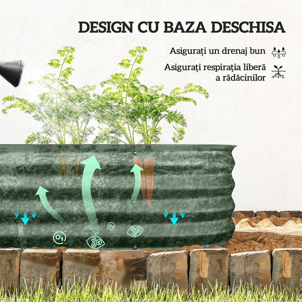 Outsunny Paturi Inaltate Galvanizate pentru Gradina, Cutie Inaltata din Metal cu Margine de Siguranta, pentru Cultivarea Florilor, Ierburilor, Verde